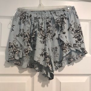 Blue Floral Print Flowy Shorts